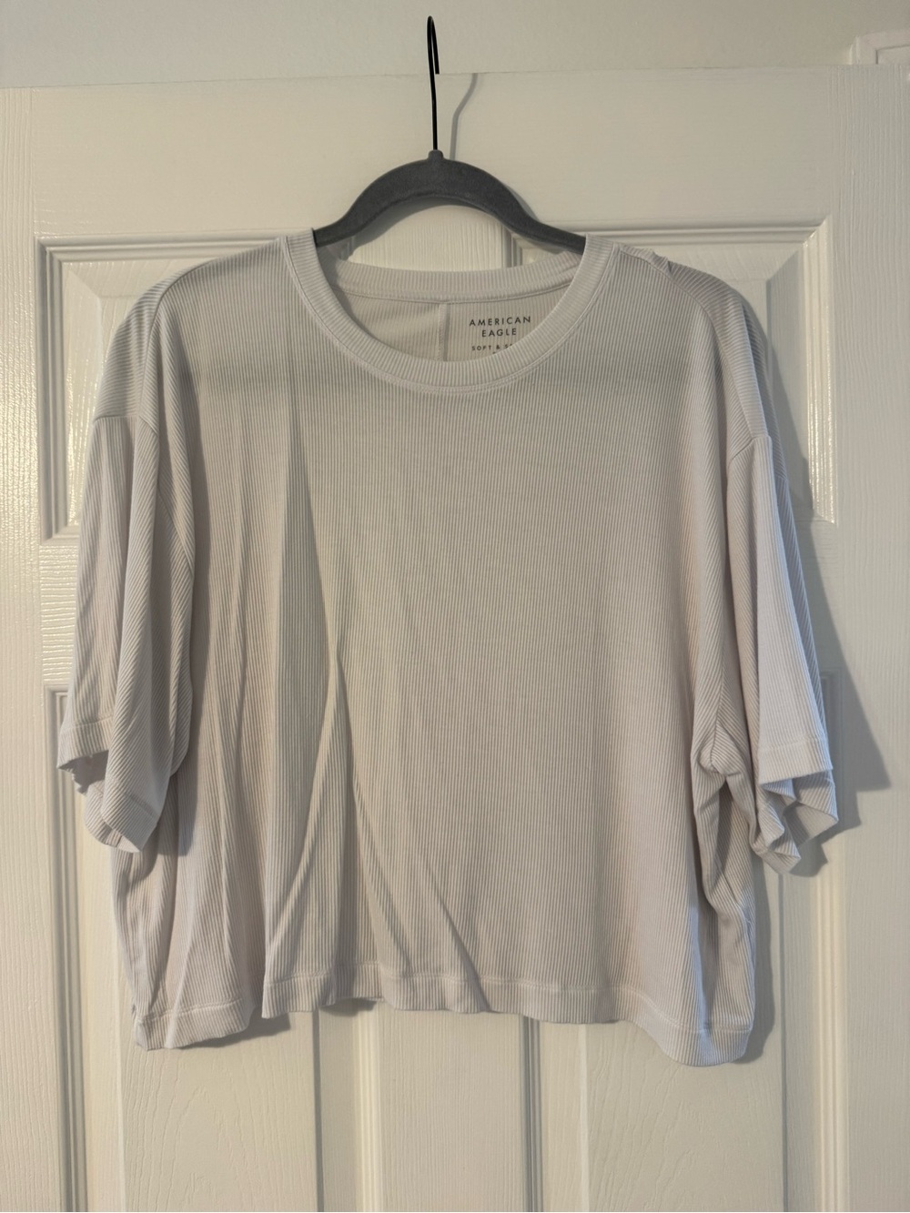 American Eagle Outfitters Women's White Ribbed Short Sleeve Top